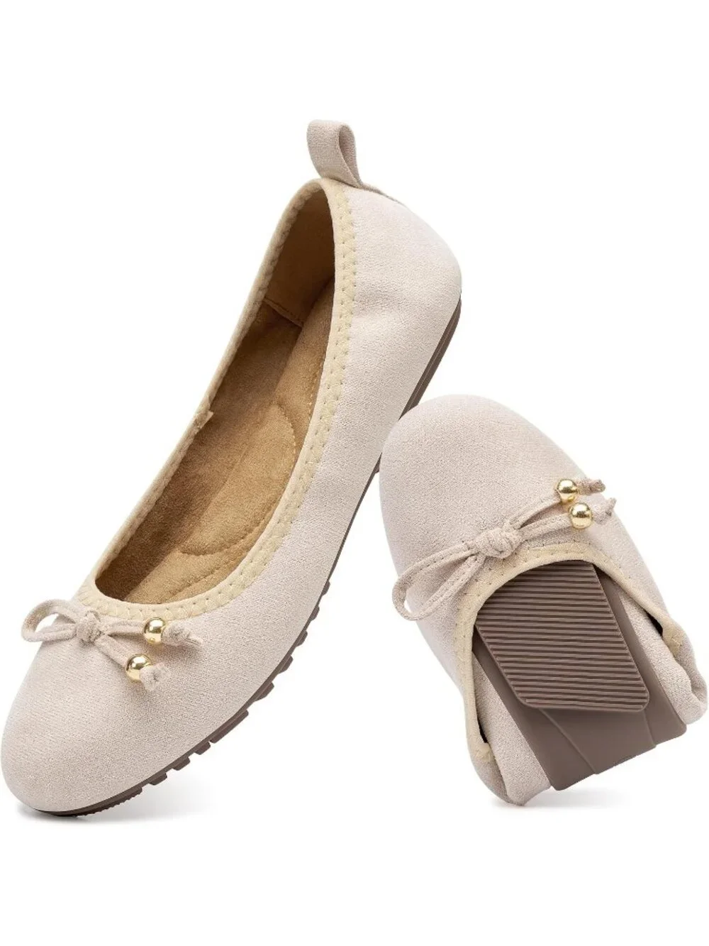 Women's Beige Suede PU Leather Round Toe Flats Slip-On Cushioned Comfort Shoes